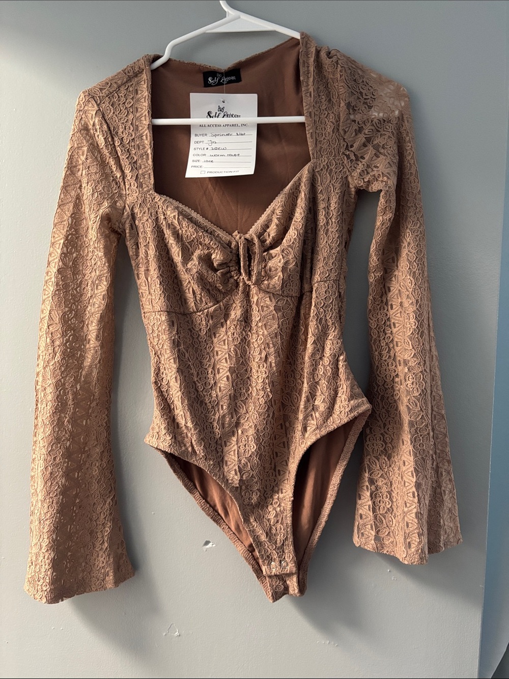 Ruffled Tie-Front Lace Bodysuit - Brown